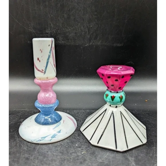 Vintage Hand Blown Art Glass Candle Holder Candlestick Signed White Pink