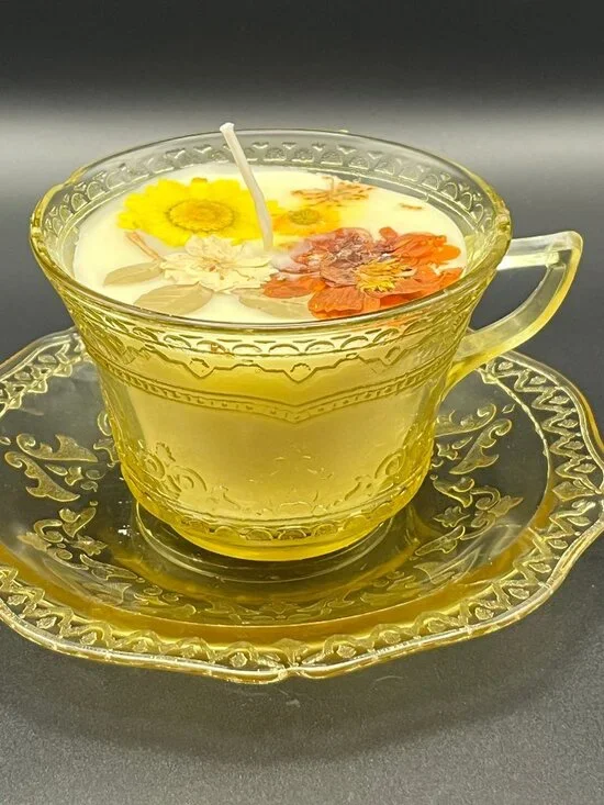 Amber Floral Glass Teacup Candle with Saucer