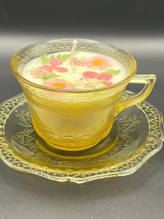 Amber Floral Depression Glass Teacup Candle