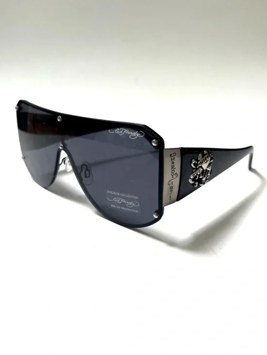 New ED HARDY Shield Sunglasses Skull Wide Leg Acetate Black Rimless Tattoo.