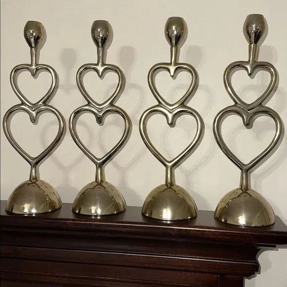 AnthroHome Set of 4 Aluminum Gold Tone Double Heart Medium Candle Holders
