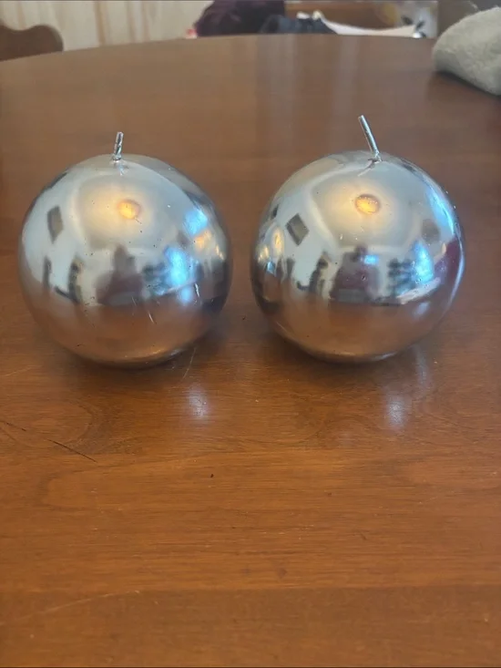 Set of 2 Metallic Silver Ball Candles Unscented Shiny Chrome Sphere 3