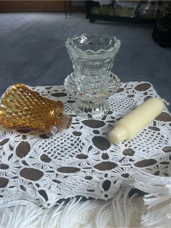 Amber Diamond-Pattern Glass Votive w/ a clear glass candleholder and clear peg