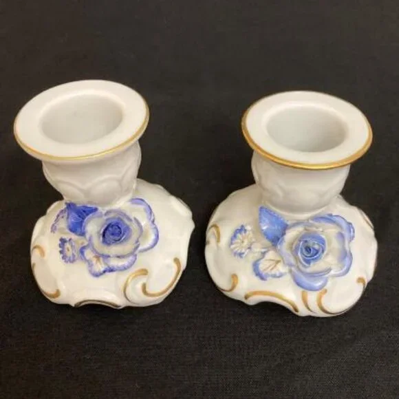 Vtg Pair Von Schierholz Porcelain Candlestick Holders Hand Painted Floral German