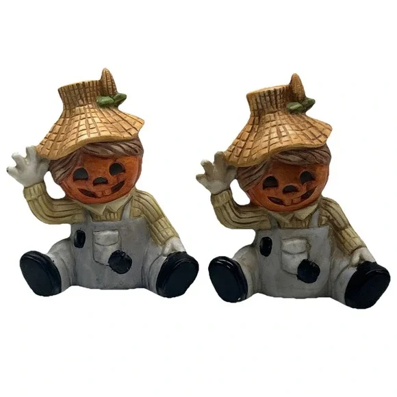 Vintage Lot Of 2 Pumpkin Head Scarecrow Candle‎ Holder Figurine Halloween Decor