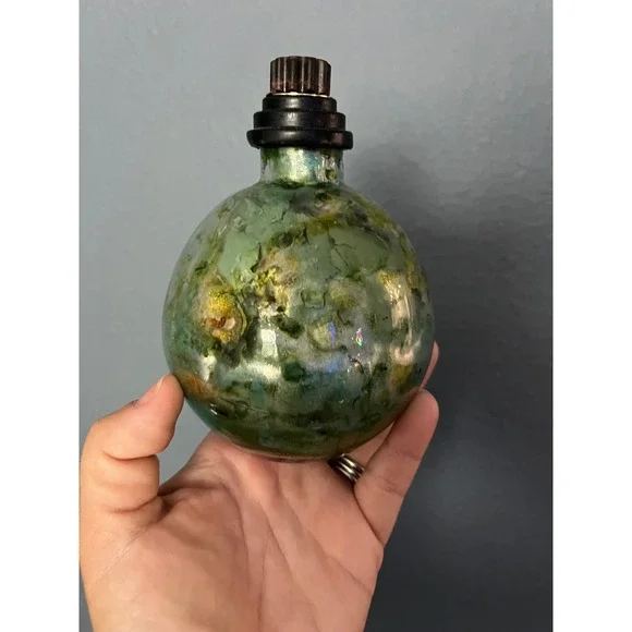 Artisan Hand Blown Glass Oil Lamp Green Gold Iridescent Spherical Table Decor‎