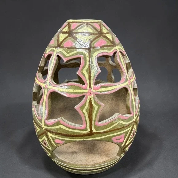 Handmade Ceramic Egg Lantern Tea‎ Light Holder Geometric Cutout Pink Green 6