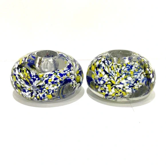 Vintage art glass candle holders pair (2) royal blue yellow white flower bubble