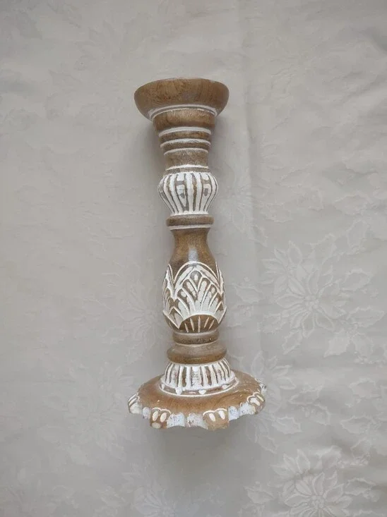 Tall Brushed White Wooden Candle Holder Pillar Etched Carved Distressed