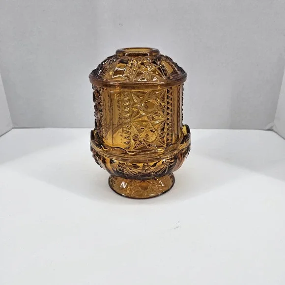 Vintage Indiana Glass Large Golden Amber Stars And Bars Fairy Lamp