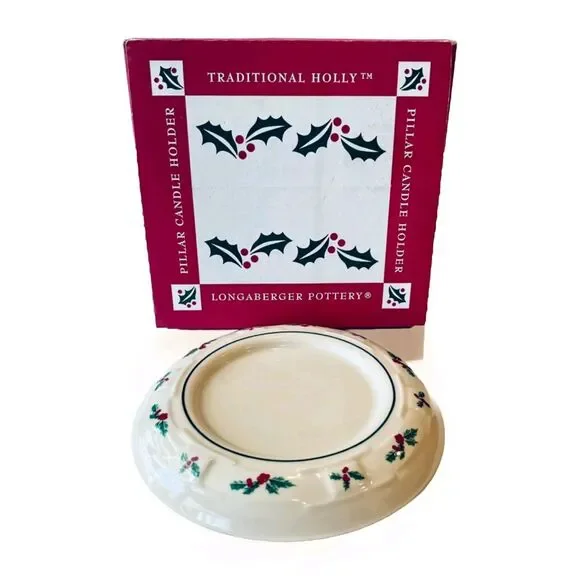 Longaberger Christmas Pillar Candle Holder Traditional Holly Berry