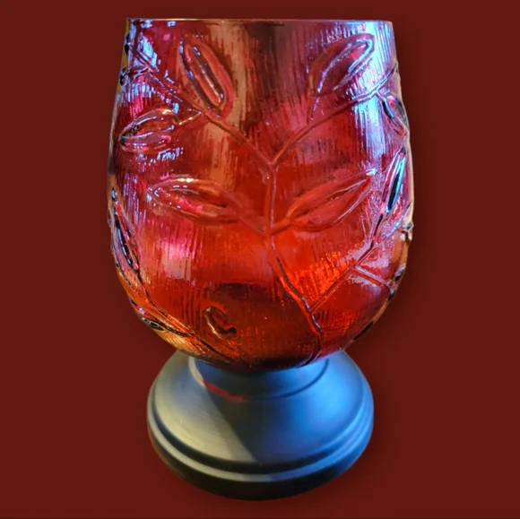 Vtg Red Glass Candle Holder Goblet Footed Pedestal Black Metal Base Leaves