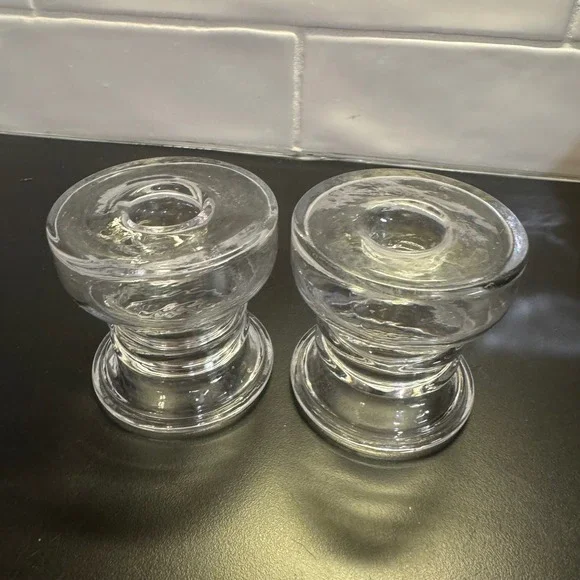 Hand Blown Glass Candle Holders Set of 2 Clear Heavy Ribbed Artisan 3.5in