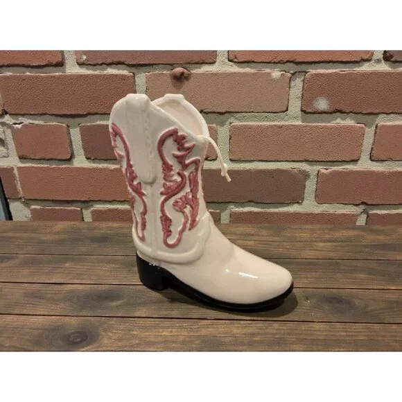New Pink / White Large Ceramic Western Cowgirl / Cowboy Boot Candle Gag Gift