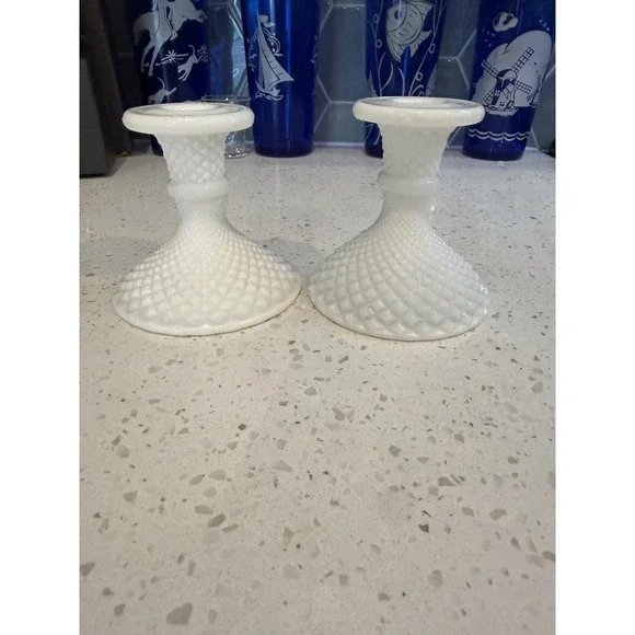 Westmoreland Milk Glass English Hobnail Pair Of Candle Stick Holders Mid Century