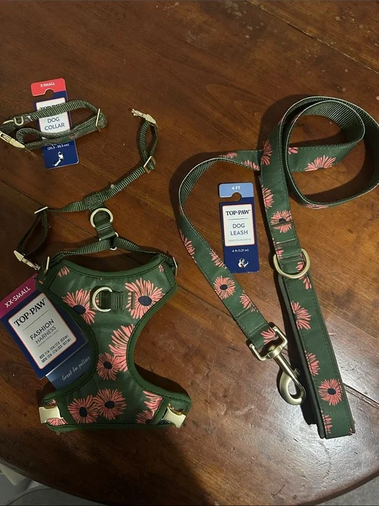 Top Paw Green Floral Dog Harness and Leash Set with Pink Flowers