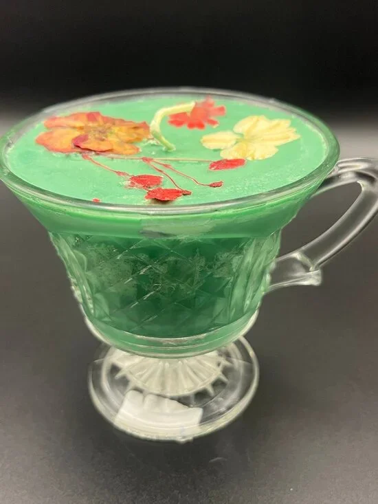 Pressed Botanical Glass Teacup Candle Emerald Meadow