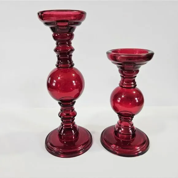 Vintage Large Tall Red Cranberry Blown Glass Pedestal Candle Holders Set of Two