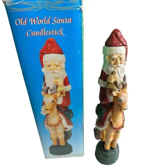 Vintage Old World Santa Candlestick Christmas Santa & Reindeer w/ Box