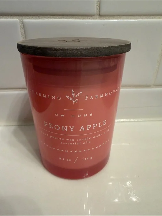 DW Home Peony Apple Candle in Red Glass with Wood Lid