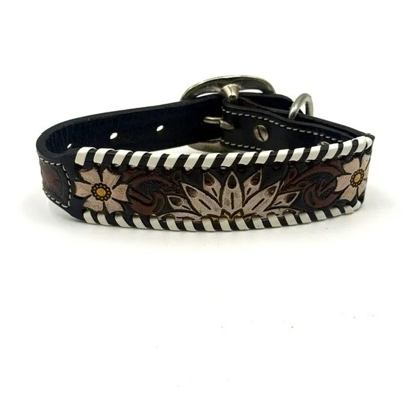 Myra Bag Oxy Daisy Hand Tooled Leather Dog Collar Floral Whipstitch Brown Medium