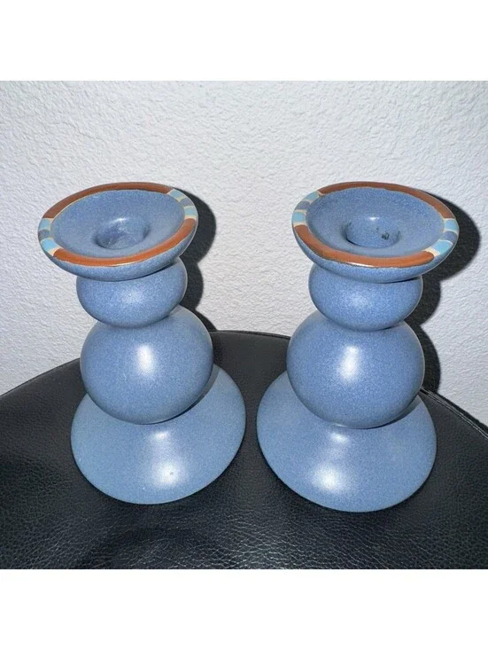 Dansk KW Portugal Blue Ceramic Candlestick Holders Pair Mid Century Modern 5.5”