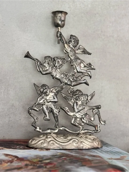 Vintage Cherub Angel Candle Holder Silverplate Italy Style