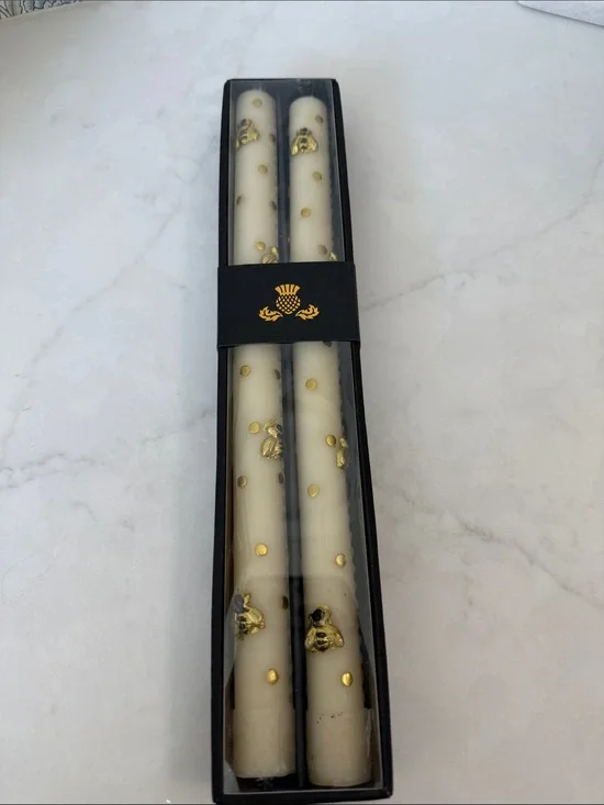 MacKenzie-Childs White Taper Candles with Gold Accents