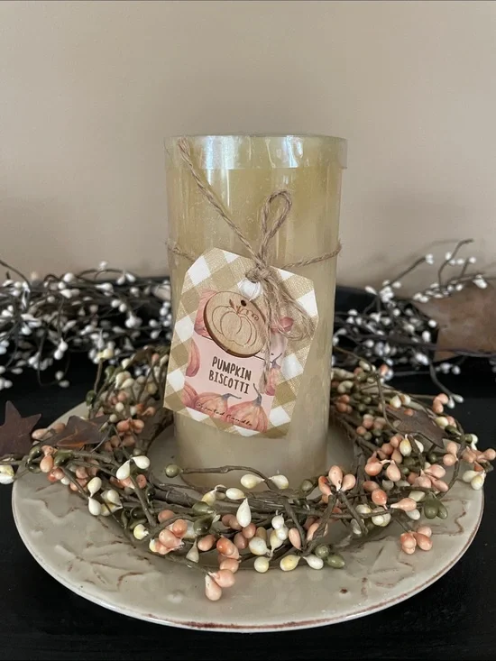 Pumpkin Biscotti Scented Pillar Candle with Fall Candle Ring and Plate