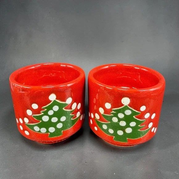 Waechtersbach Christmas Tree Red Ceramic Cups Candle Holder Votive Set of 2 VTG