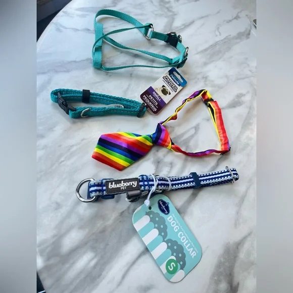 Petmate Blueberry Blue Dog Collars, Harness Rainbow Tie Lot