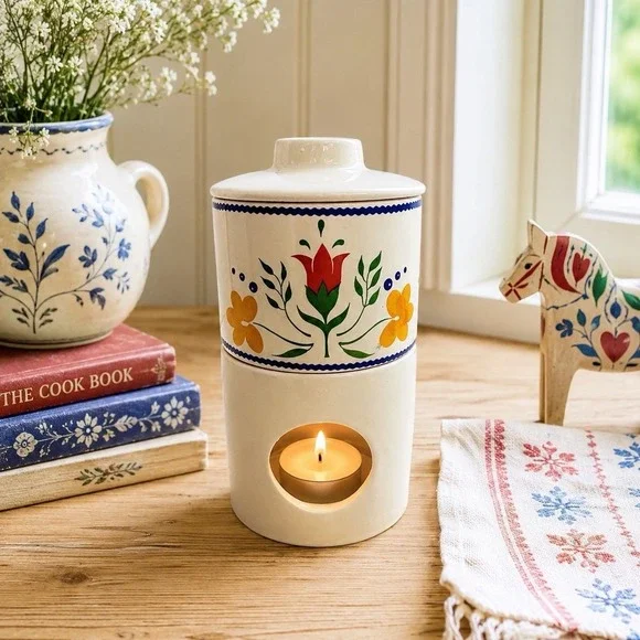 Vintage Folk Art Potpourri Fragrance Warmer Hand Painted Ceramic Tea Light