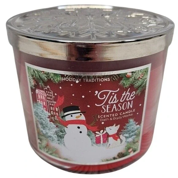 Bath Body Works‎ Tis the Season 3 Wick Candle Red Holiday Snowman 14.5oz