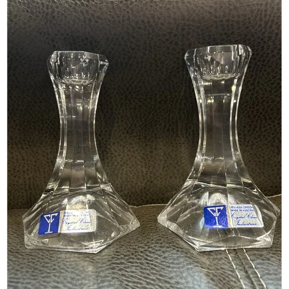 Pair Crystal Clear Industries Candlestick Holders Contemporary‎ Austria 24% Lead