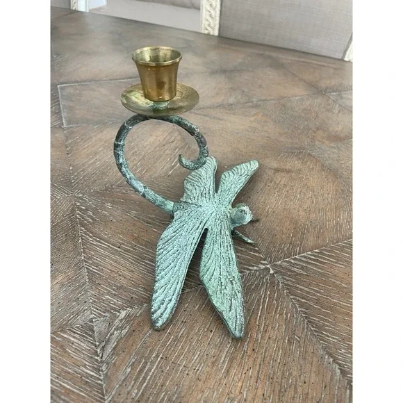 Vintage Brass & Green Metal Dragonfly Taper Candle Holder Candlestick