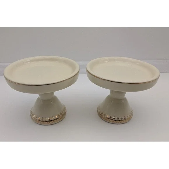 Victorian Trading Co Ceramic Mini Cupcake Stands Candle Holders VTC Pair Gold