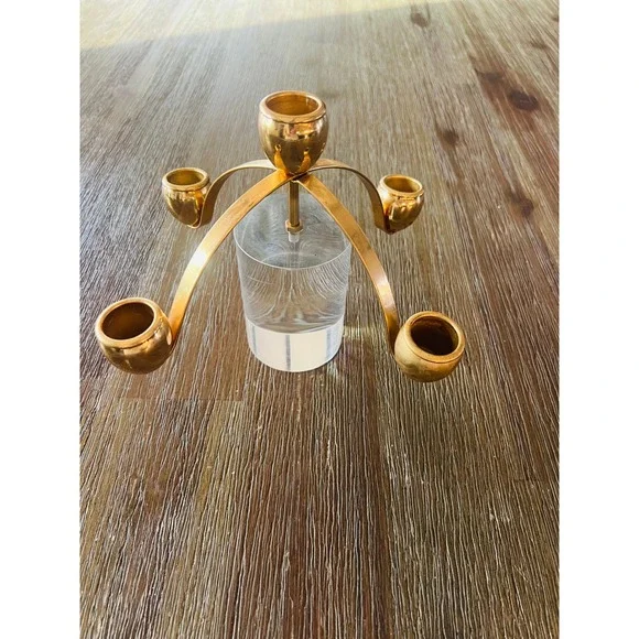 Vintage Mid Century Modern Lucite & Gold Candelabra 5 Light Taper Candle Holder