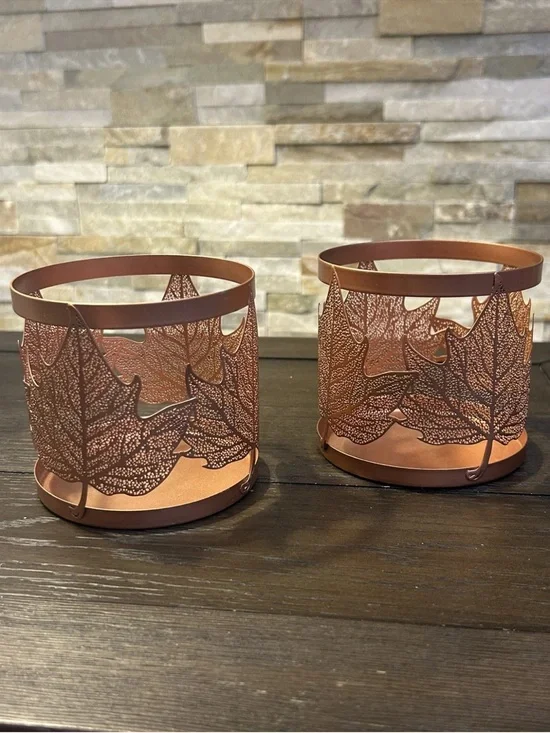 Decorative Metal Leaf Candle Holders - Copper Brown (Set of 2)
