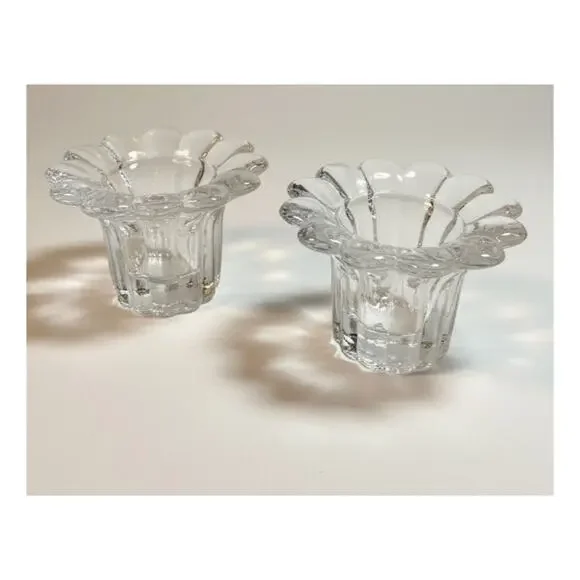 Vintage Borgonovo Italy Clear Glass Lotus Flower Votive Candle Holders Pair