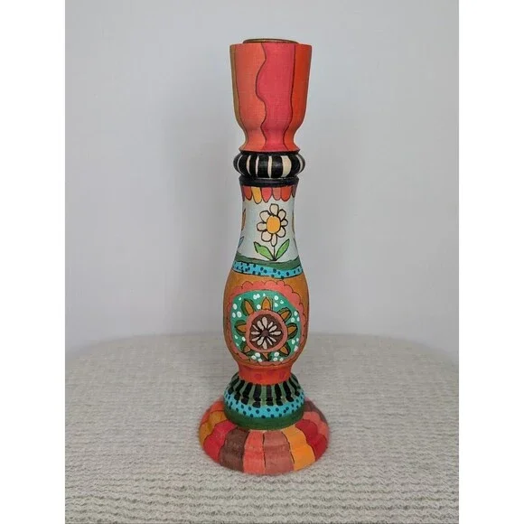 Hand-Painted Colorful Floral Wooden Candlestick