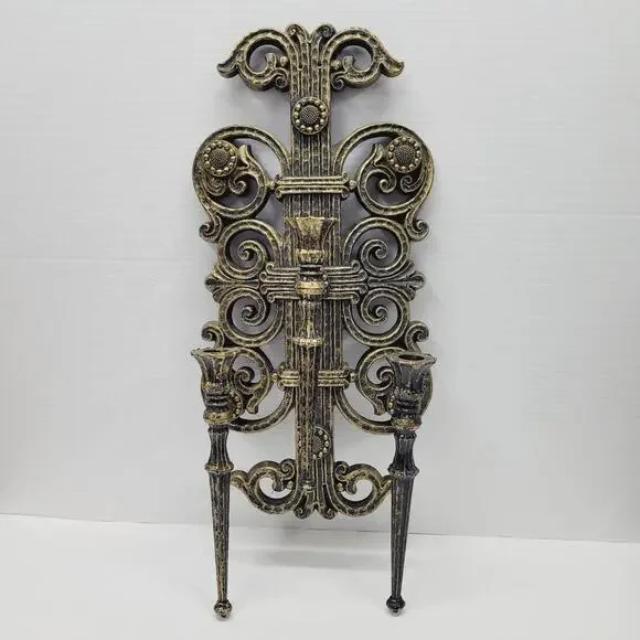 Vintage Homco Gold Blsck Hollywood Regency 3 Candle Candelabra Wall Sconces Goth