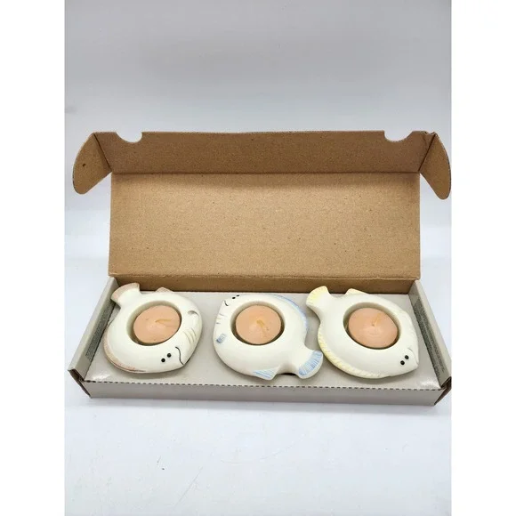PartyLite Aqua Pals P7144 Fish Tea Light Candle Holder Trio Set with Candles