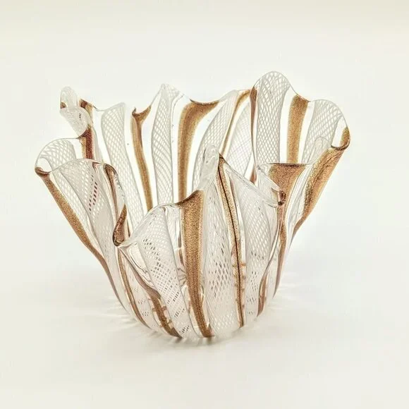 Murano Copper Aventurine White Latticino Handkerchief Glass Candle Holder