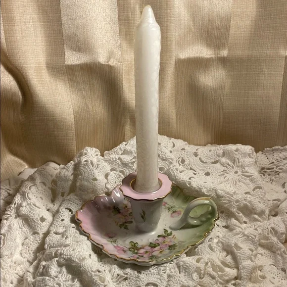 Nippon Hand Painted Porcelain Pink & Green Floral Chamberstick Candle Holder