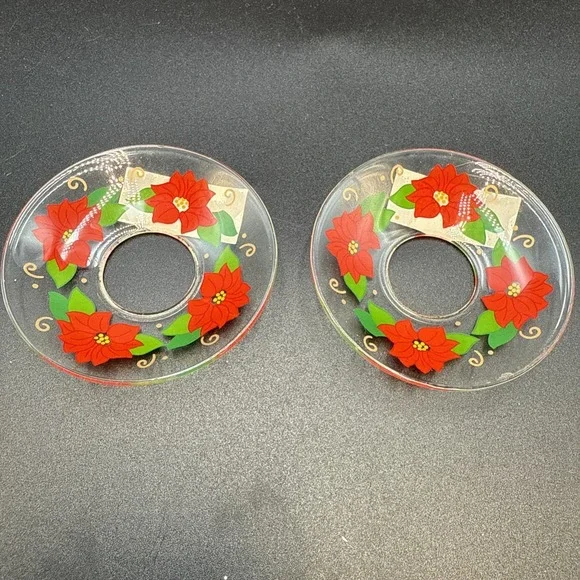 Christmas Poinsettia Candle Ring Bobeches Set Of‎ 2