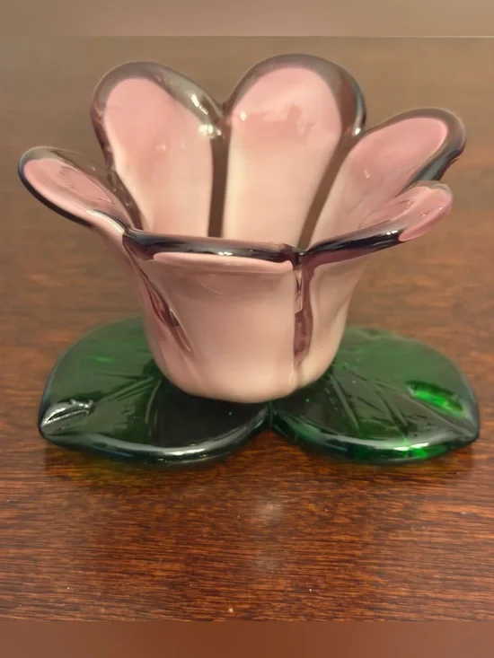 Vtg Hand Blown Votive Candle Holder Murano Style Art Glass Tulip Flower Lavender