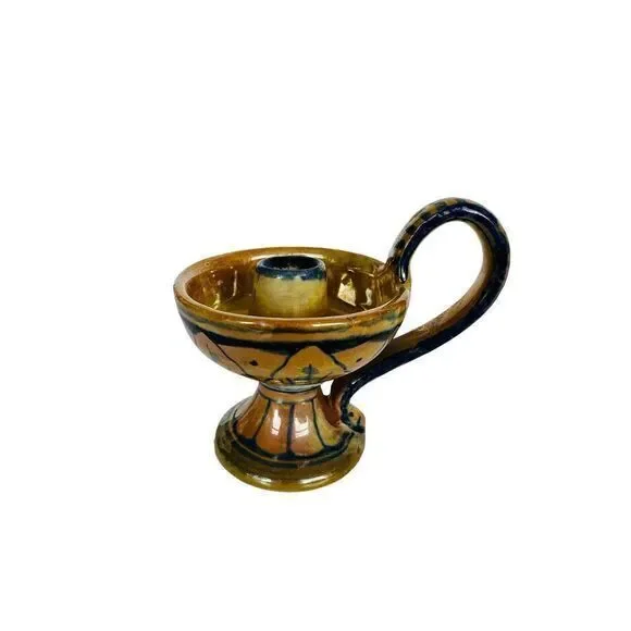 Pottery Candle Holder Finger Ring Blue Yellow Orange Vintage Made In‎ Italy