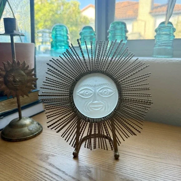 Vintage Brass Sunburst Moon Face Sculpture | Mid Century Celestial Decor
