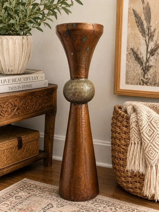 Vintage Handcrafted Indian Wood & Brass Candle Holder 15