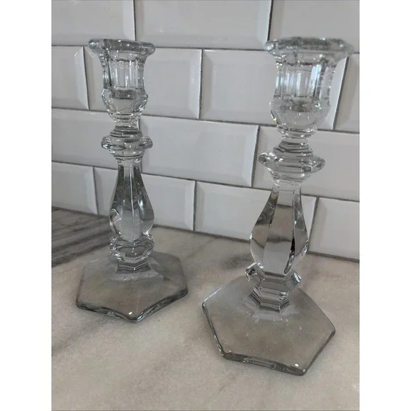Vintage Heisey‎ Old Williamsburg Heavy Glass Candlestick Holders OLA006